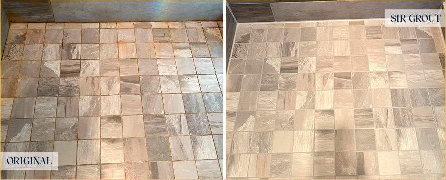 Shower Floor Before and After a Tile Cleaning in Wilmington