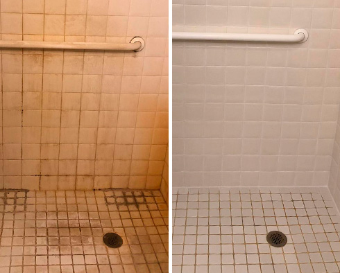 Shower Wall and Floor Before and After a Tile Cleaning in New Castle