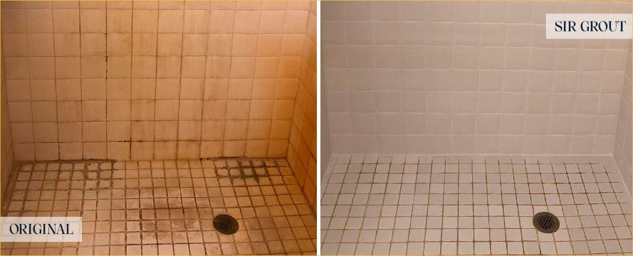 Shower Wall and Floor Before and After a Tile Cleaning in New Castle