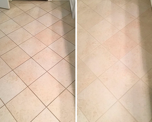 Tile Floor Before and After a Grout Sealing in Greenville