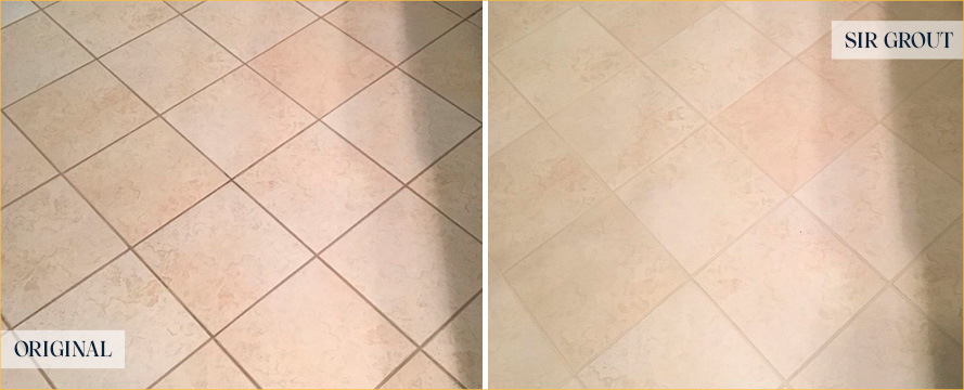Tile Floor Before and After a Grout Sealing in Greenville