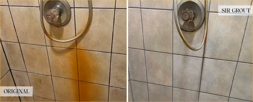 Close-Up of Shower Wall Before and After a Service from Our Tile and Grout Cleaners in Newark
