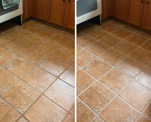 Kitchen Floor Before and After a Grout Recoloring in Greenville