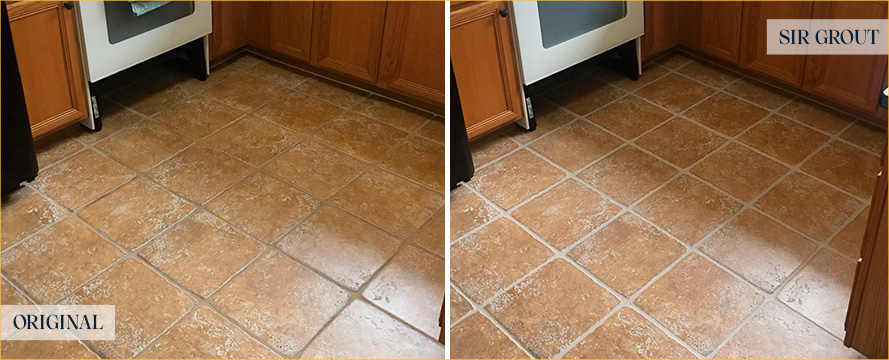 Kitchen Floor Before and After a Grout Recoloring in Greenville