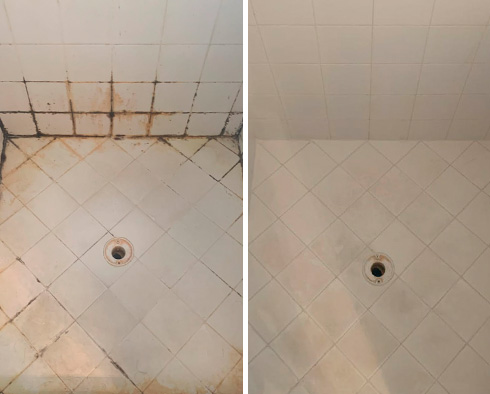 Shower Floor Before and After a Tile Cleaning in New Castle