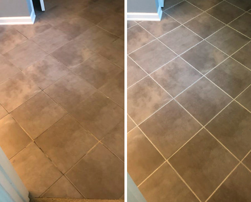 Tile Floor Before and After a Grout Sealing in Smyrna
