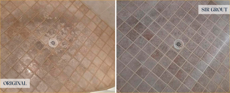 Shower Floor Before and After a Tile Cleaning in Wilmington