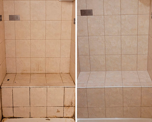 Shower Walls and Bench Before and After a Tile Cleaning in Camden