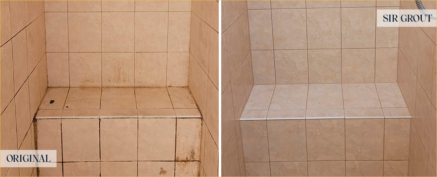 Shower Walls and Bench Before and After a Tile Cleaning in Camden