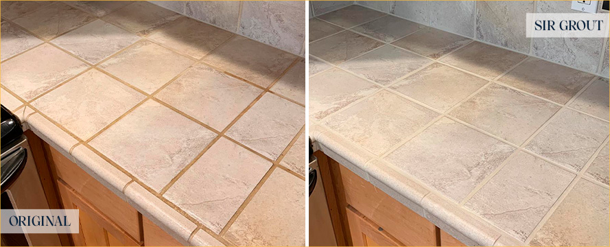 Kitchen Counter Before and After a Grout Sealing in New Castle