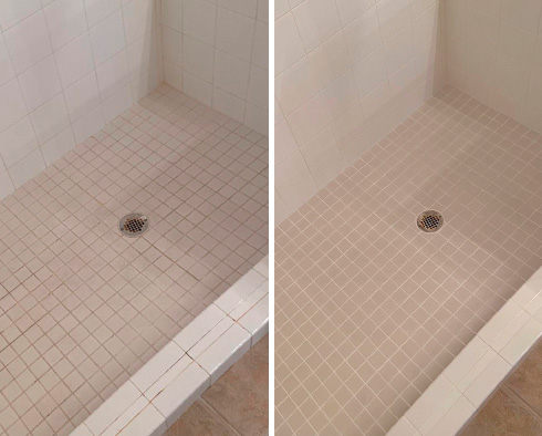 Shower Floor Before and After a Service from Our Tile and Grout Cleaners in New Castle